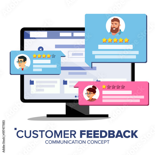 Customer Review Vector. Desktop Pc Display On Monitor Screen Vector. Speech Bubbles. Online Store Web Page. Client Testimonials Concept. Isolated Flat Illustration