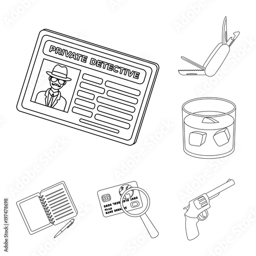 Detective and Attributes outline icons in set collection for design.Detective Agency vector symbol stock web illustration.