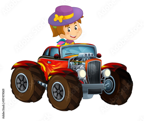 happy cartoon scene with child - girl - in hot rod cabriolet - illustration for children