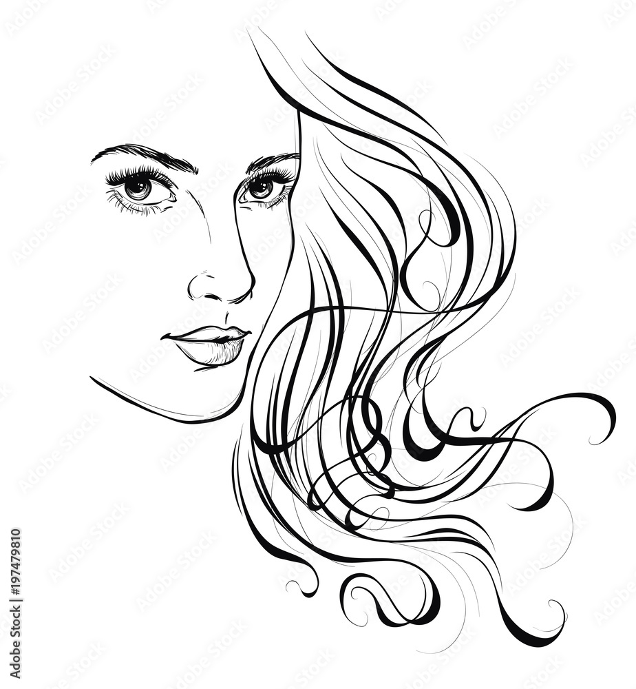 Graphic portrait of a young pretty girl with beautiful hair. Vector illustration Graphic portrait of a young pretty girl with beautiful hair. Vector illustration