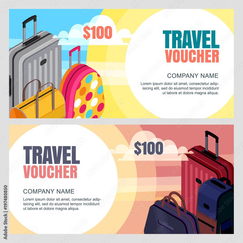 Vector travel voucher template. 3d isometric illustration of multicolor luggage, suitcase, bags. Concept for summer vacation, travel agency. Banner, coupon, certificate, flyer layout.