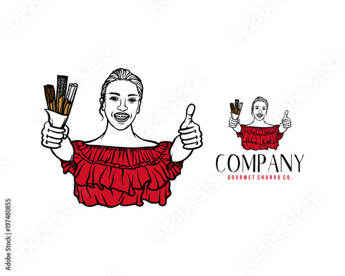 Hand Drawn Beautiful Women Holding the hurros Food Sign Symbol Company Logo Vector