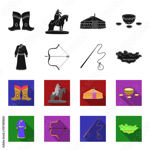 .mongol dressing gown, battle bow, theria on the map, Urga, Khlyst. Mongolia set collection icons in black,flet style vector symbol stock illustration web.