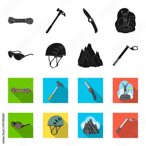 Helmet, goggles, wedge safety, peaks in the clouds.Mountaineering set collection icons in black,flet style vector symbol stock illustration web.
