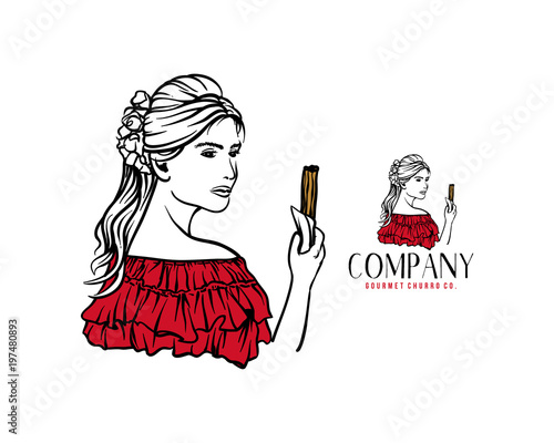 Hand Drawn Beautiful Women Holding the hurros Food Sign Symbol Company Logo Vector