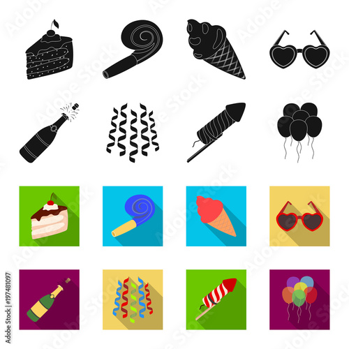 Champagne, fireworks and other accessories at the party.Party and partits set collection icons in black,flet style vector symbol stock illustration web. photo