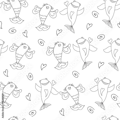 Cute fish seamless pattern vector black and white