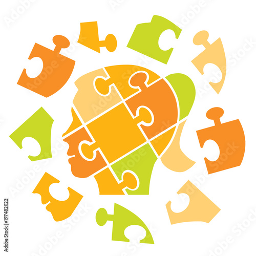 Puzzle woman head, concept psychology. 
Puzzle female head silhouette symbolizing Psychology psychological problems cleaved mind. Vector available. 