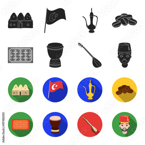 Turkish carpet, saz, drum, turkish men.Turkey set collection icons in black,flet style vector symbol stock illustration web.