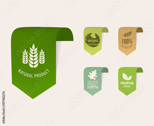 set of natural tag label and organic label green color. vintage banner and badge design.