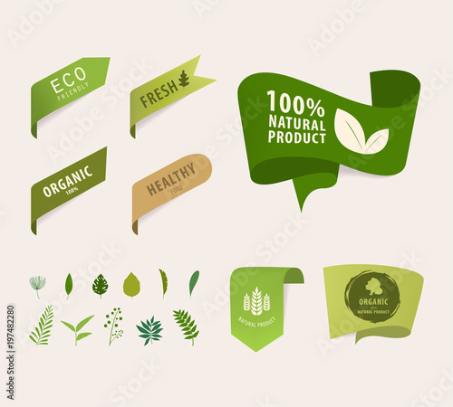natural tag ribbon and organic label green color. eco banner vector design.