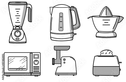 Set of kitchen appliances in the style of line art.