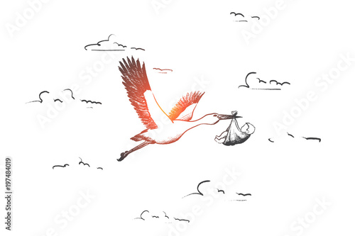 Pregnancy concept. Hand drawn stork in flight delivering a newborn baby. Symbol of newborn child isolated vector illustration.