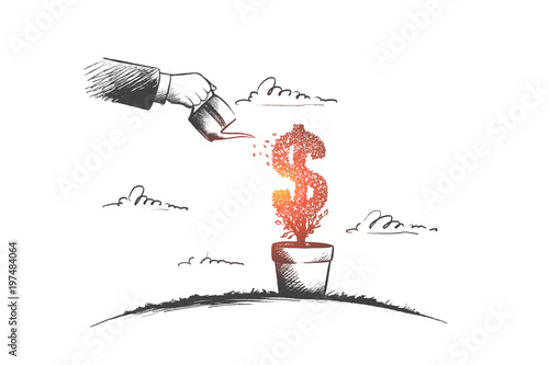 Money making concept. Hand drawn human hand watering growing symbol of dollar. Success investment isolated vector illustration.