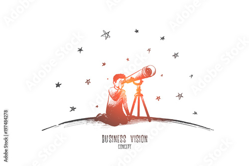 Business vision concept. Hand drawn looking for success via telescope monocular. Businessman searching for new idea isolated vector illustration.