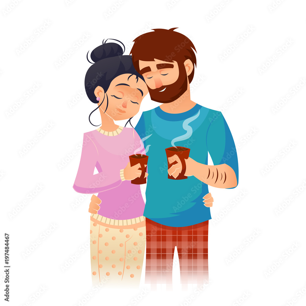 Couple in love drinking morning coffee. Young man and woman drinks coffee or tea. Vector romantic illustration. Couple in love drinking morning coffee. Young man and woman drinks coffee or tea. Vector romantic illustration.