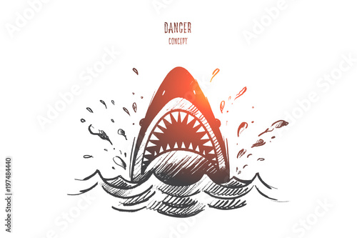 Danger concept. Hand drawn mouth of a shark like symbol of danger. Sea predator isolated vector illustration.