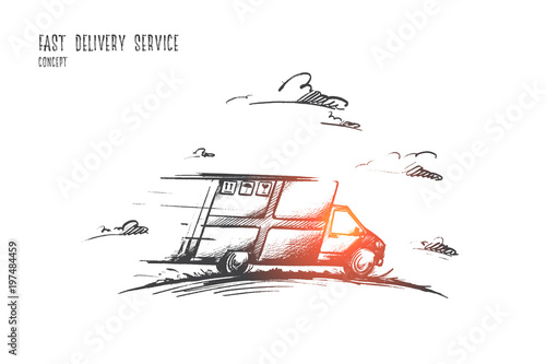 Fast delivery service concept. Hand drawn delivery by car. Courier delivery service isolated vector illustration.