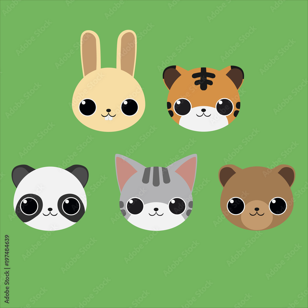 Cute animal faces: rabbit, tiger, panda, cat, bear Cute animal faces: rabbit, tiger, panda, cat, bear