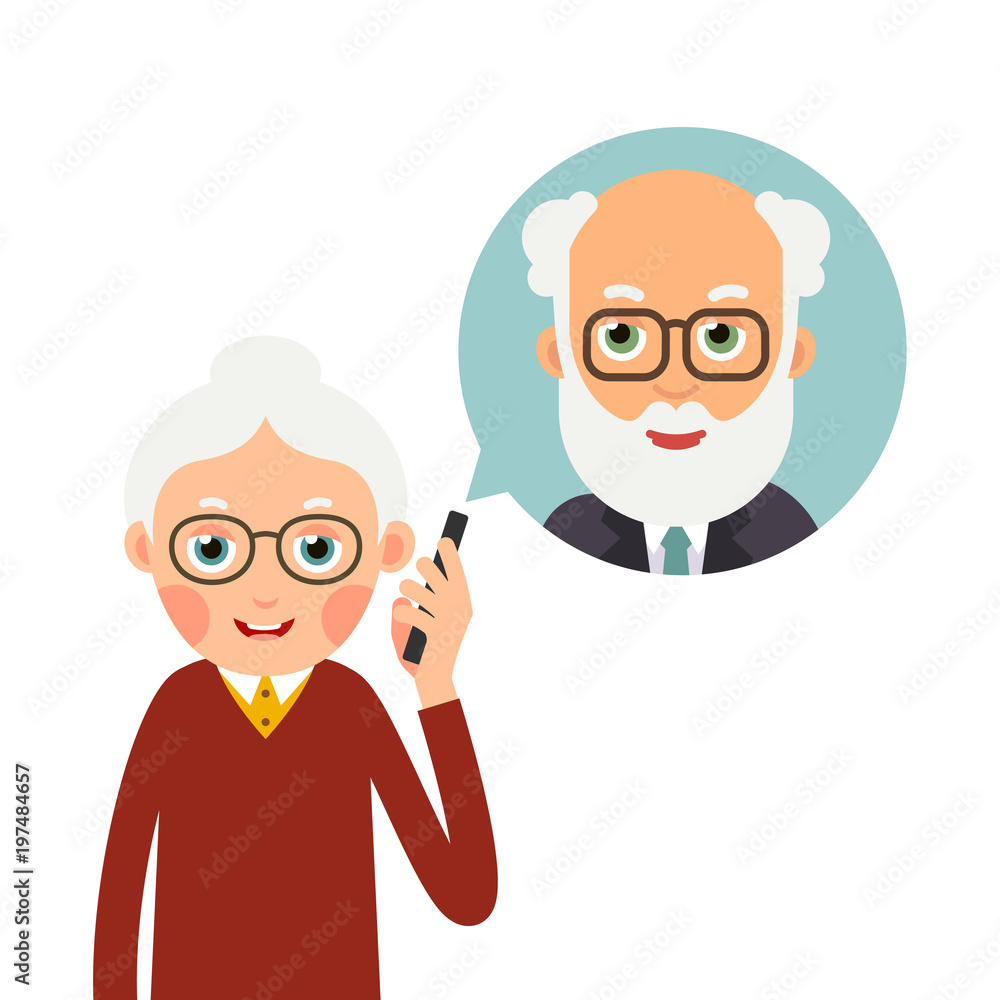 Grandmother with phone. Elderly woman holds phone in her hand and represents image of grandfather with whom she talks. Cartoon illustration isolated on white background in flat style Grandmother with phone. Elderly woman holds phone in her hand and represents image of grandfather with whom she talks. Cartoon illustration isolated on white background in flat style