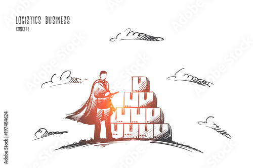 Logistics business concept. Hand drawn worker in warehouse checking boxes with logistics. Super hero manager worker isolated vector illustration.