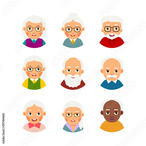 Set avatars older people. Kit avatars elderly people. Selection cartoon illustration isolated on white background in flat style