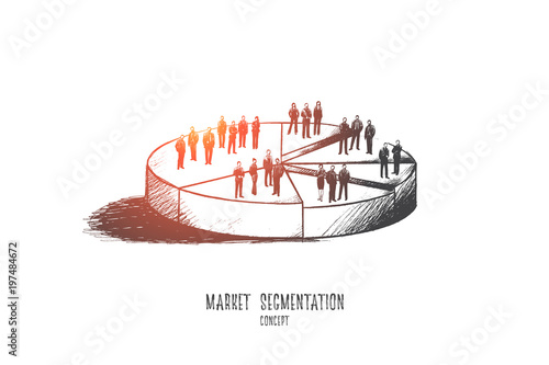 Market segmentation concept. Hand drawn illustration of a pie chart. Sectors with different people isolated vector illustration. photo