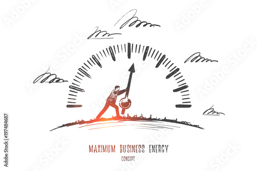 Maximum business energy concept. Hand drawn person makes the most of the effort. Businessman working hard isolated vector illustration.