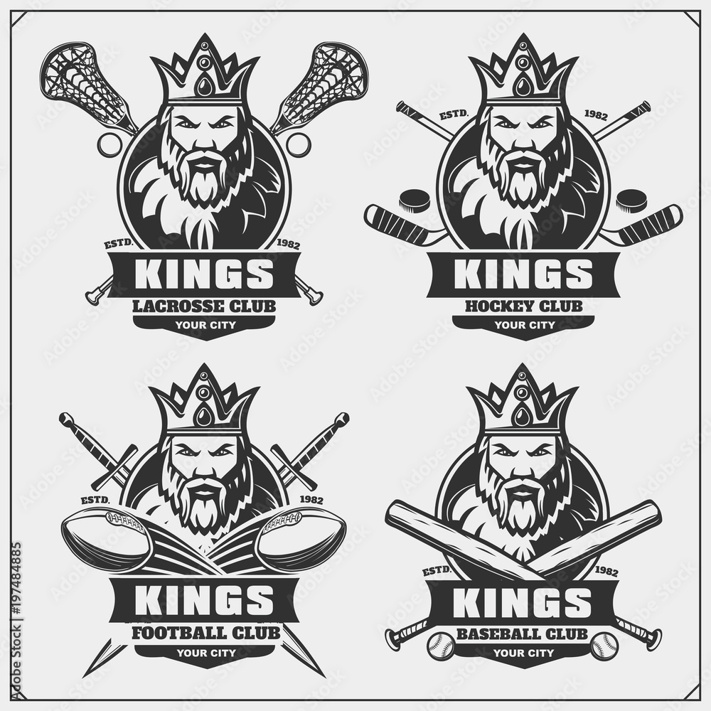 Lacrosse, football, baseball and hockey logos and labels. Sport club emblems with king.