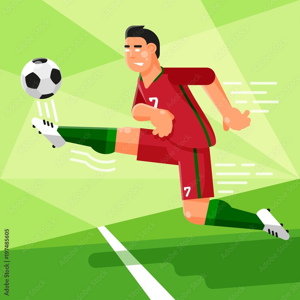 Portuguese football player in a red uniform is hitting the soccer ball. Vector illustration in a flat style.