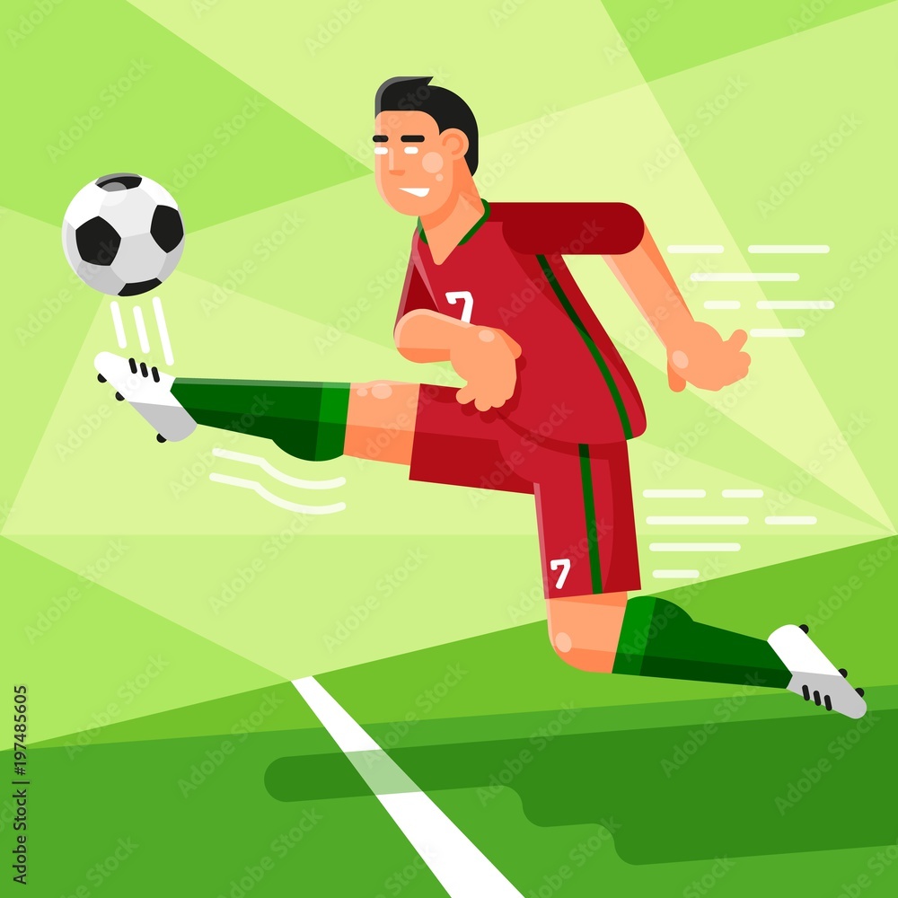 Fototapeta premium Portuguese football player in a red uniform is hitting the soccer ball. Vector illustration in a flat style.