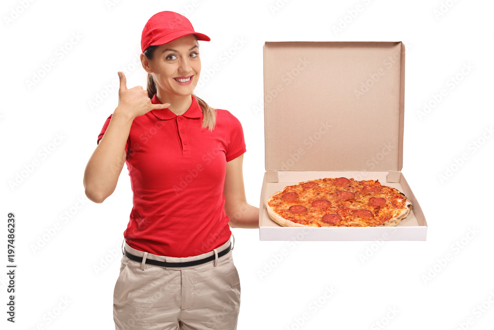 Pizza delivery girl making a call me gesture Pizza delivery girl making a call me gesture