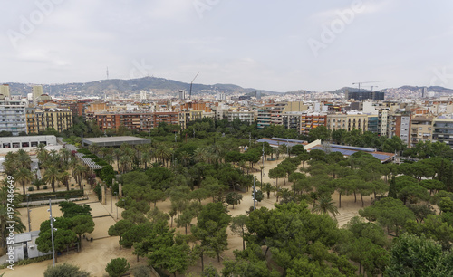 Barcelona Spain Juan Miro Park day view. Panoramic view of large open space Parc de Joan Miro next to Placa Espanya, seen from top of Arenas de Barcelona.