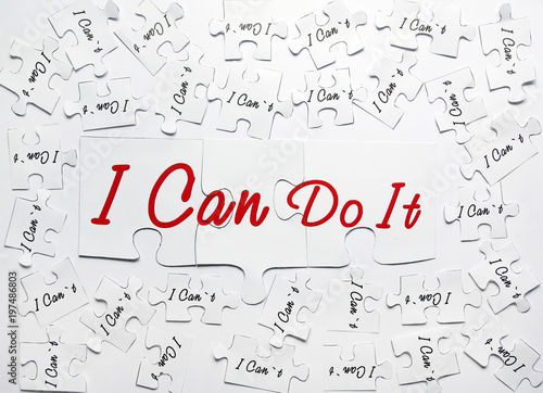 I can do it. Words of motivation. Concept motivational message of ability and possibility. I can`t and i can are written on puzzle pieces.