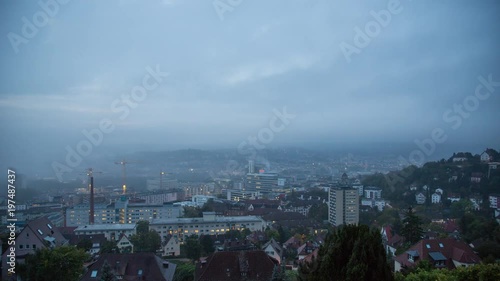 Timelapse over Stuttgart from a viewing Point in the fog (Sunrise) photo