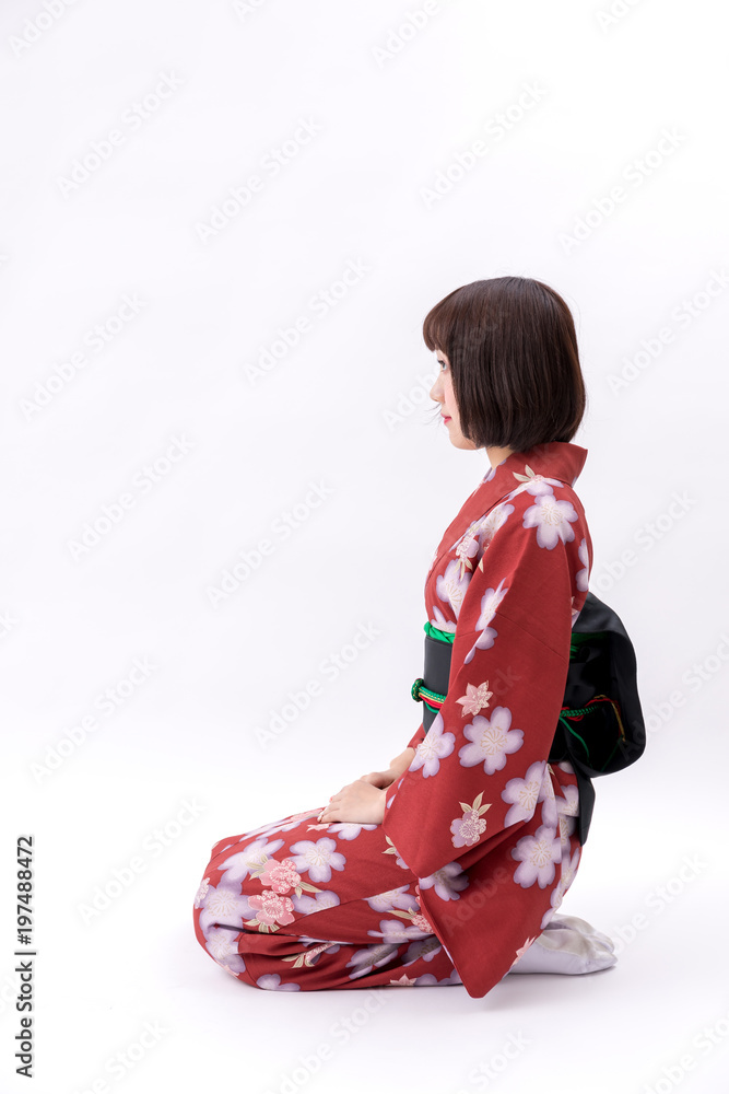 着物 大和撫子 白背景 正座 側面 着物 大和撫子 白背景 正座 側面