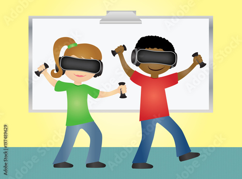 School students playing game with virtual reality glasses and hand controllers