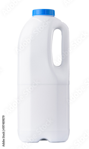 Big white blank plastic milk bottle with blue cap clean new closed isolated on white background