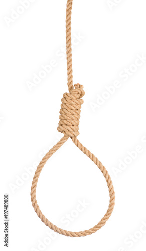 Rope noose with tight hangman knot isolated on white background