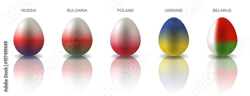 Set of 5 Easter eggs painted in the colors of Eastern European countries flags: Russia, Bulgaria, Poland, Ukraine and Belarus. Semi realistic vector illustration, isolated on white background