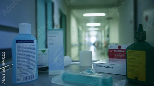 Hospital Hallway. Dolly shot with medicines