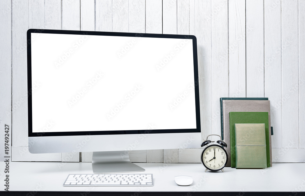workplace background for designers with Blank white screen modern desktop computer. workplace background for designers with Blank white screen modern desktop computer.
