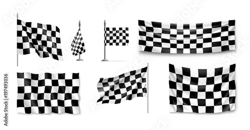 Racing flags set realistic. Collection of standards for marking start and finish. Vector illustration