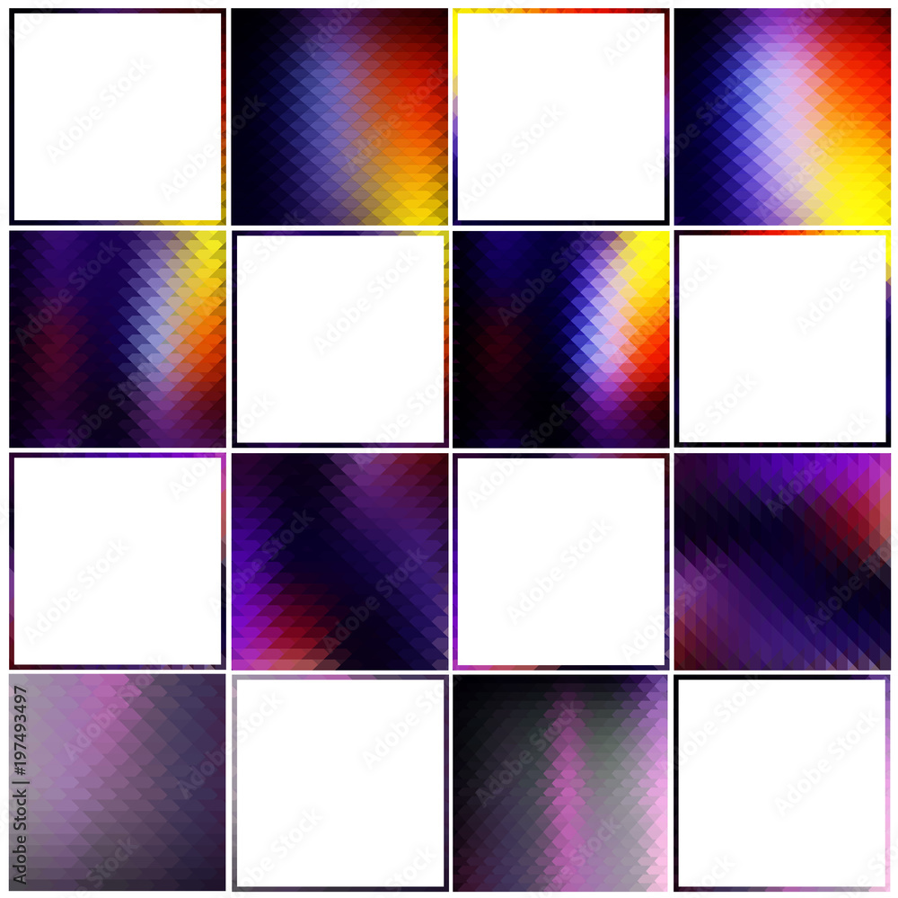 Bright set of 8 shiny graphic mosaic backgrounds and 8 abstract frame borders purple blue yellow red lilac colors. Colorful collection gradiented textures and borders.