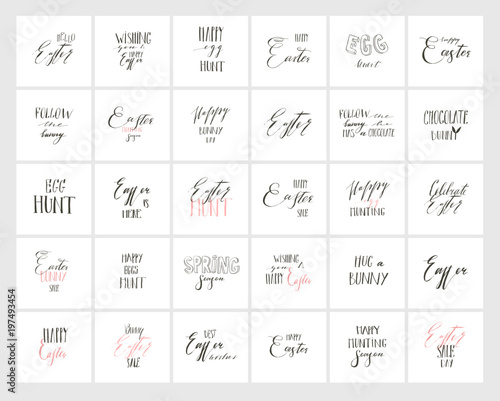 Hand drawn vector abstract graphic scandinavian Happy Easter cute greeting cards template collection set with Happy Easter handwritten calligraphy phases and text isolated on white background photo