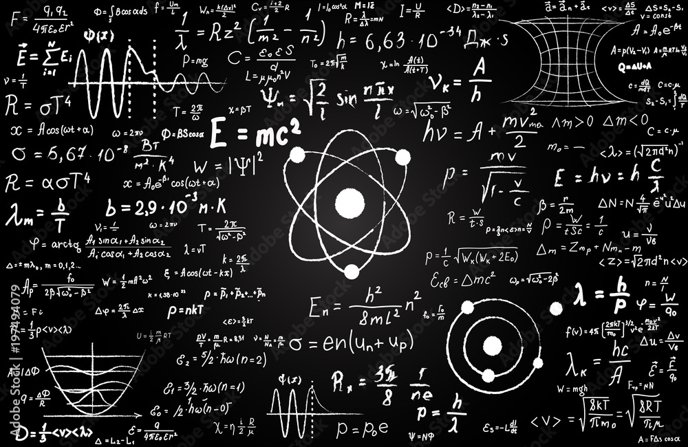 Blackboard inscribed with scientific formulas and calculations in physics  and mathematics. Can illustrate scientific topics tied to quantum mechanics,  relativity theory and any scientific calculations Stock Vector | Adobe Stock