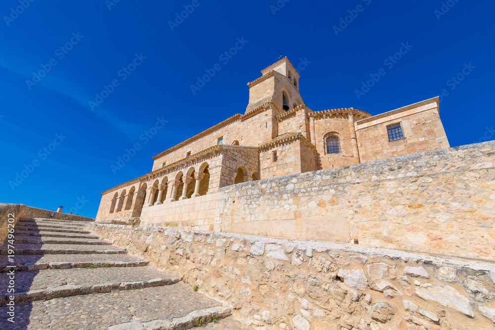 stairs to church Santa Maria Virgen del Rivero, romanic style landmark and public monument from twelfth century, in San Esteban de Gormaz village, Soria, Spain, Europe
