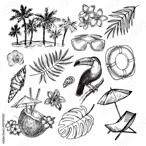Hand drawn sketch illustration summer elements on a white background