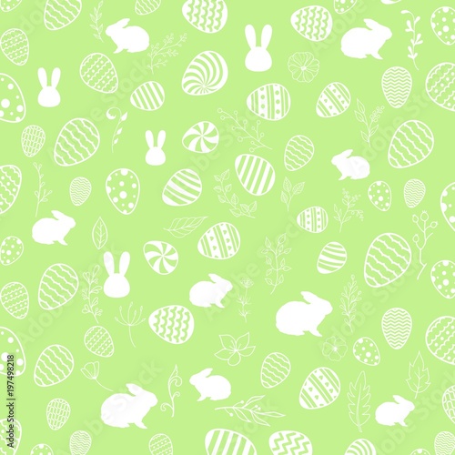 Seamless pattern with flowers, bunnies, and easter eggs on green background