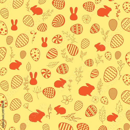 Seamless pattern with flowers, bunnies, and easter eggs on orange background